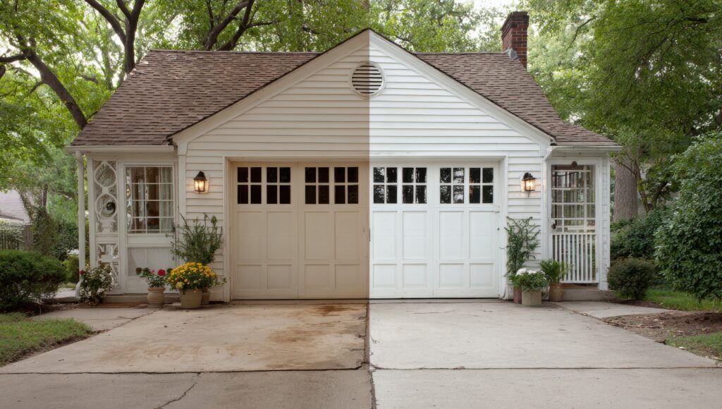 the once‑stained concrete path of a garage is shown prior to and after cleaning, now appearing bright and fresh thanks to pressure washing