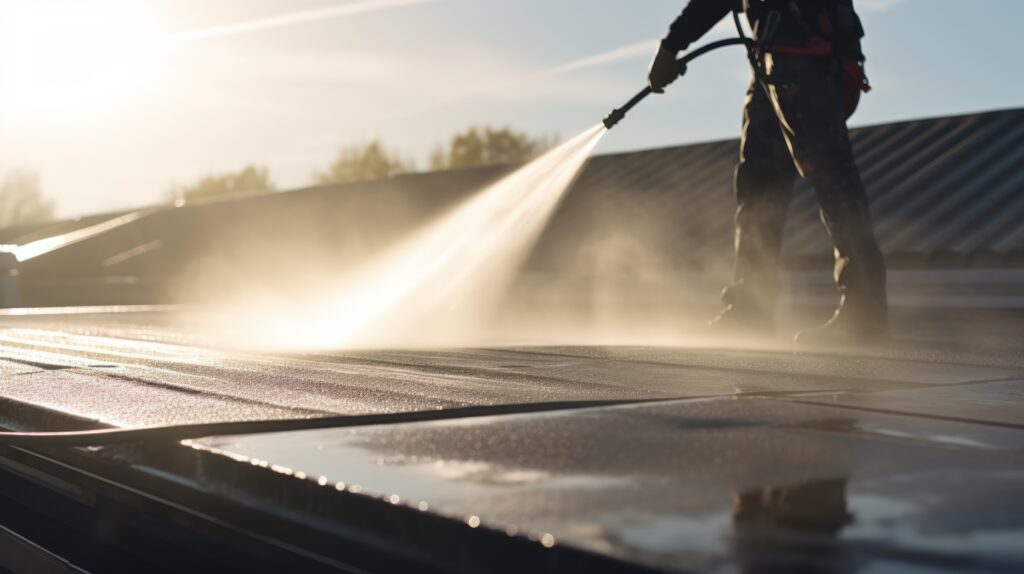pressure washer cleaning in front of the house. caucasian men in his 30s washing concrete bricks driveway in sunny summer day. cleaning around the house concept.